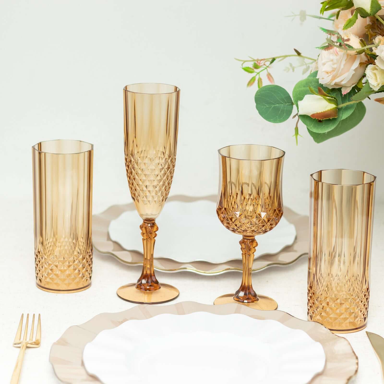 6-Pack Transparent Plastic Champagne Glasses 8oz, Crystal Cut Style Amber Gold - Image 2