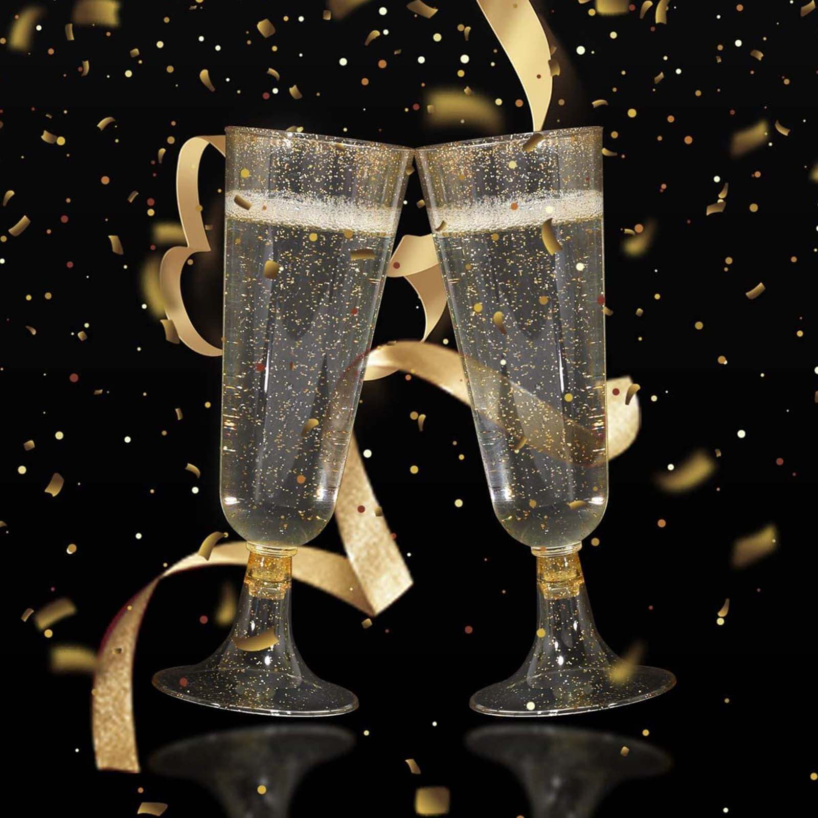 12-Pack Plastic Champagne Glasses 5oz Gold Glittered Short Stem - Image 2